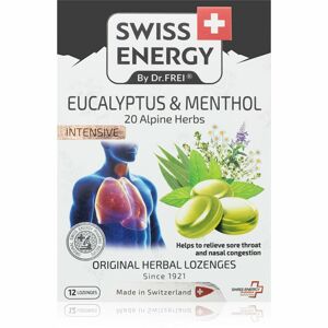 Swiss Energy 20 alpských bylin + eucalyptus pastilky pastilky při bolesti v krku 12 ks