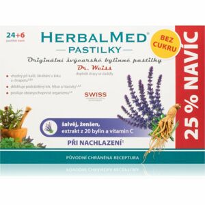 Dr.Weiss HerbalMed pastilky Šalvěj + ženšen s vitaminem C BEZ CUKRU doplněk stravy při zánětu v krku a dutině ústní 30 ks